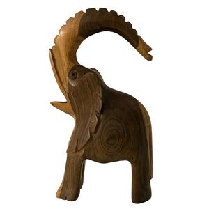 Vintage Hand Carved Wooden Elephant With Raised Trunk Good Luck Animal Figurine